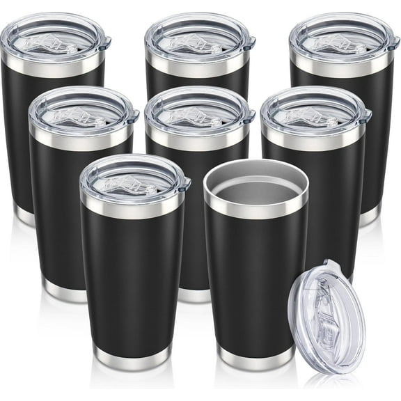 20 oz Tumbler with Lid Stainless Steel Insulated Tumblers Bulk Double Wall Vacuum Cups Powder Coated Travel Mug Keep Drink Cold and Hot, Black, 8 Pack