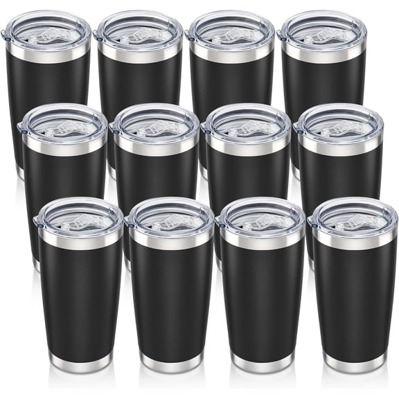 20 oz Tumbler with Lid Stainless Steel Insulated Tumblers Bulk Double Wall Vacuum Cups Powder Coated Travel Mug Keep Drinks Cold and Hot, Black, 12 Pack