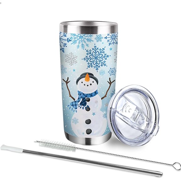20 oz Winter Snowman Insulated Vacuum Tumbler with Lid and Straw, Blue Snowflakes Stainless Steel Double Wall Coffee Cup, Travel Mug Christmas Birthday Gifts for Men Women Boys Girls