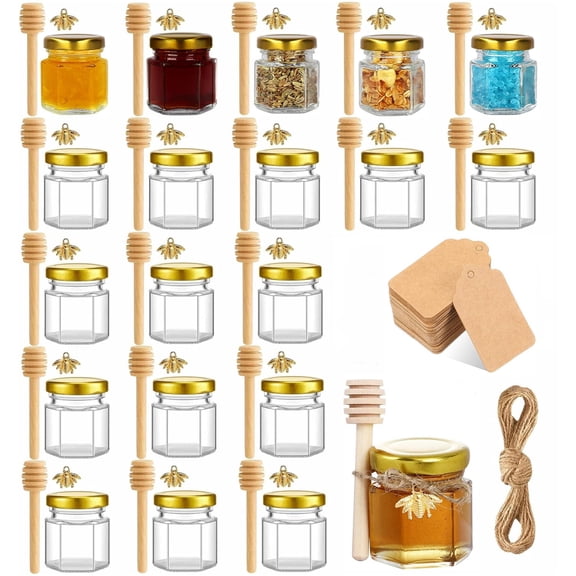 20 pack 45ml/1.5oz Mini Honey Jars with Honey Stick,Gold Lid,Bee Pendants,Jutes,Hangtag,for Baby Shower,Wedding,Party