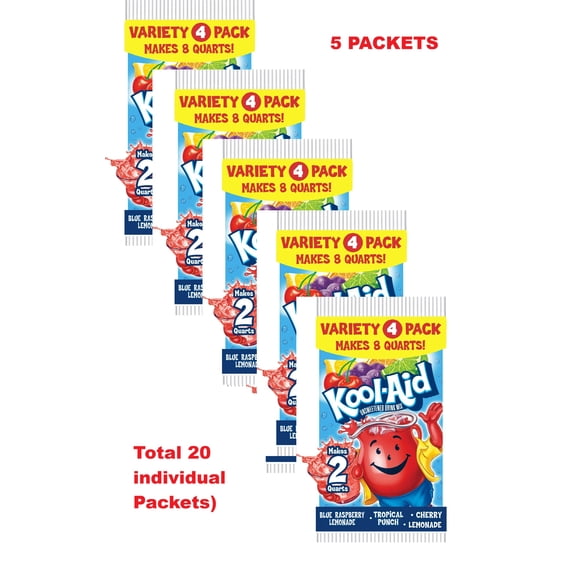 (20 pack) Kool-Aid Variety Pack, Tropical Punch, Cherry, Blue Raspberry Lemonade & Naturally Flavored Lemonade Drink Mix, 4 pack, Powders