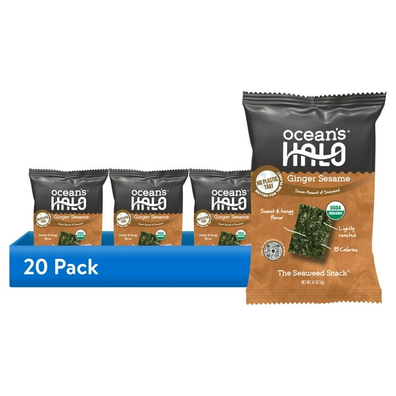 (20 pack) Ocean's Halo, Organic Trayless Seaweed Snack, Ginger Sesame, Vegan, Crispy Shelf-Stable Nori, 0.14 oz