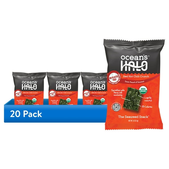 (20 pack) Ocean's Halo, Organic Trayless Seaweed Snack, Red Hot Chili Crunch, Vegan, No Plastic Tray, 0.14 oz