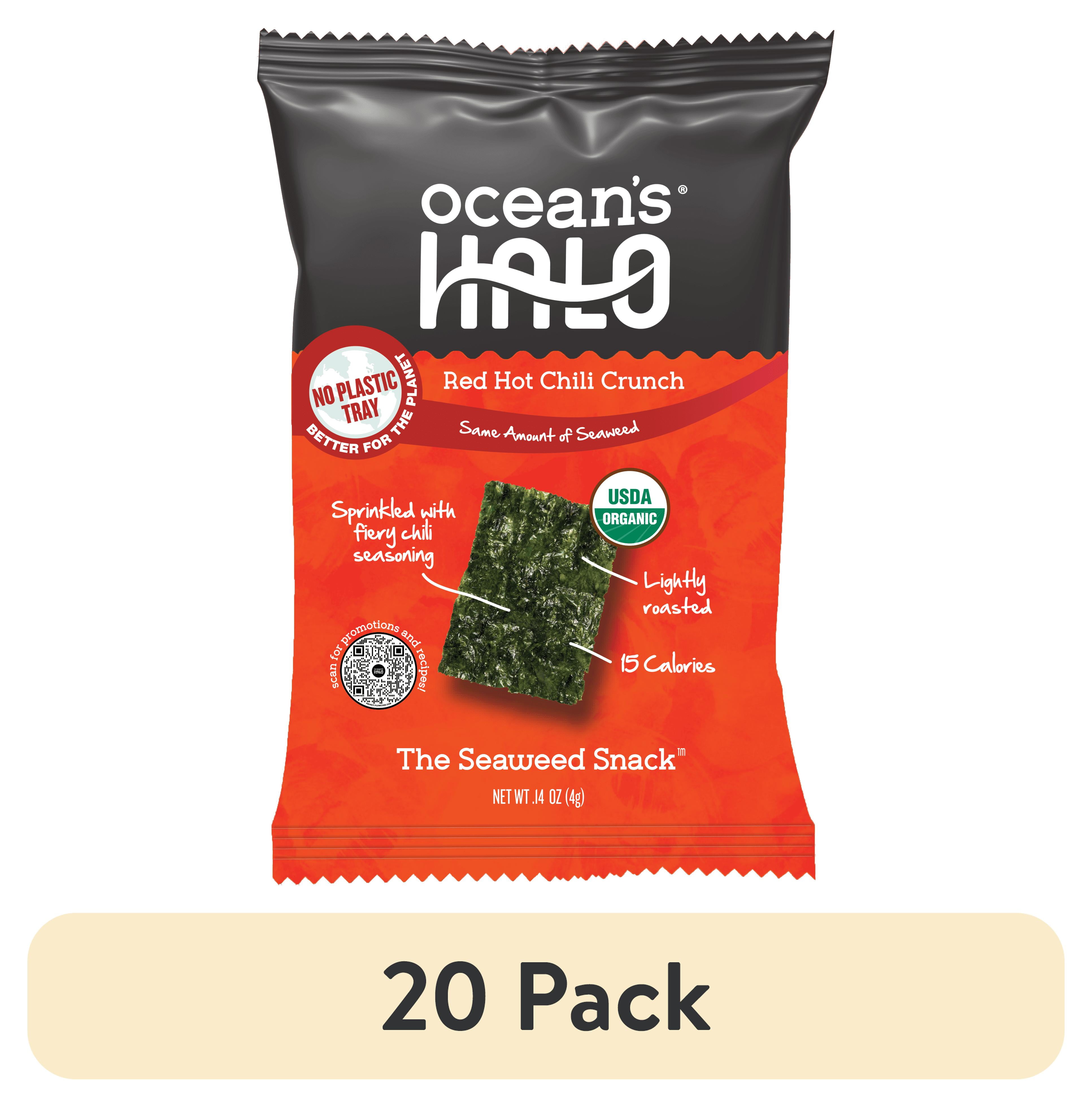 (20 pack) Ocean's Halo, Organic Trayless Seaweed Snack, Red Hot Chili Crunch, Vegan, No Plastic Tray, 0.14 oz