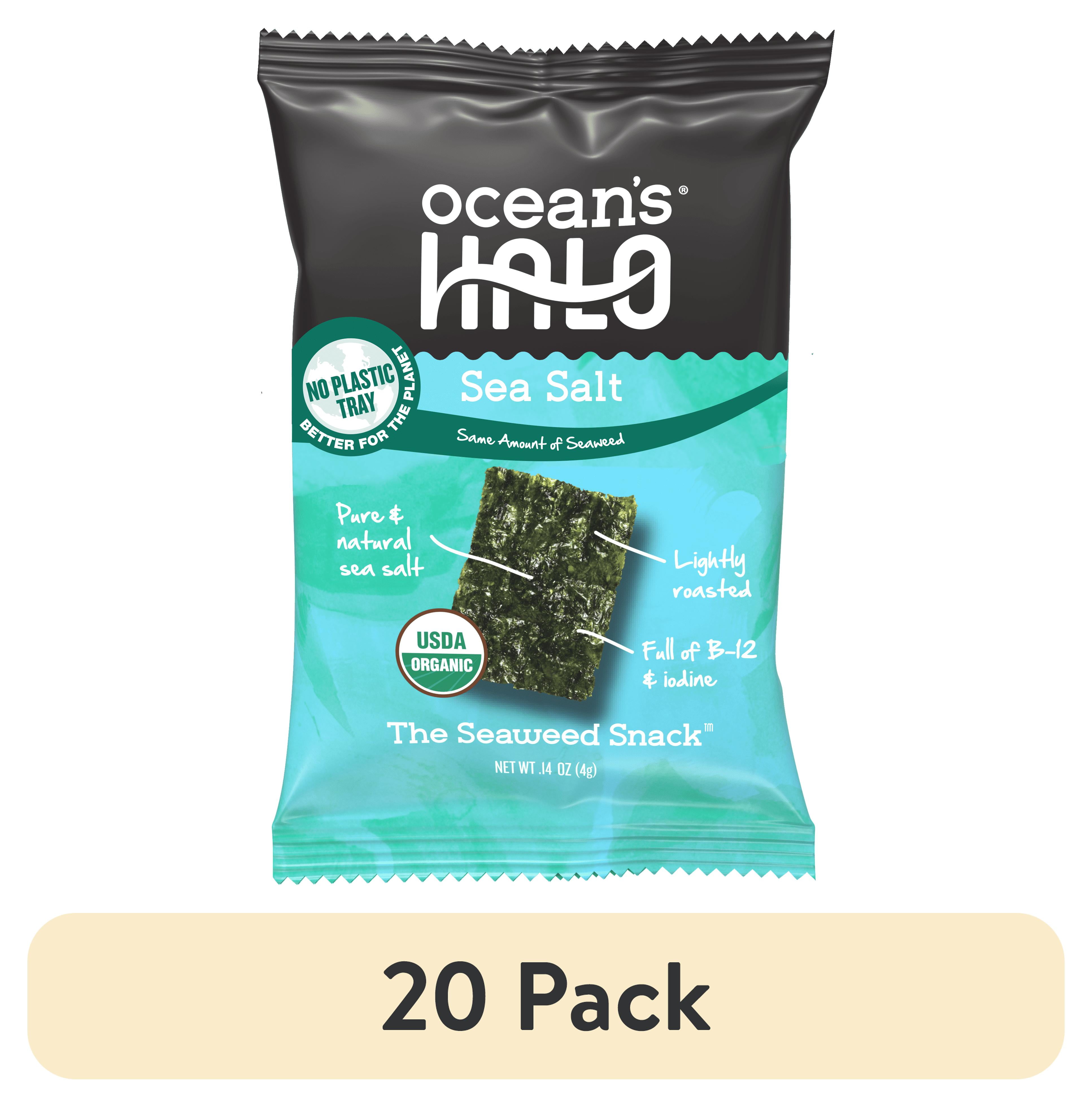 (20 pack) Ocean's Halo, Organic Trayless Seaweed Snack, Sea Salt, Vegan, No Plastic Tray, 1pk Nori, Shelf-Stable, 0.14 oz