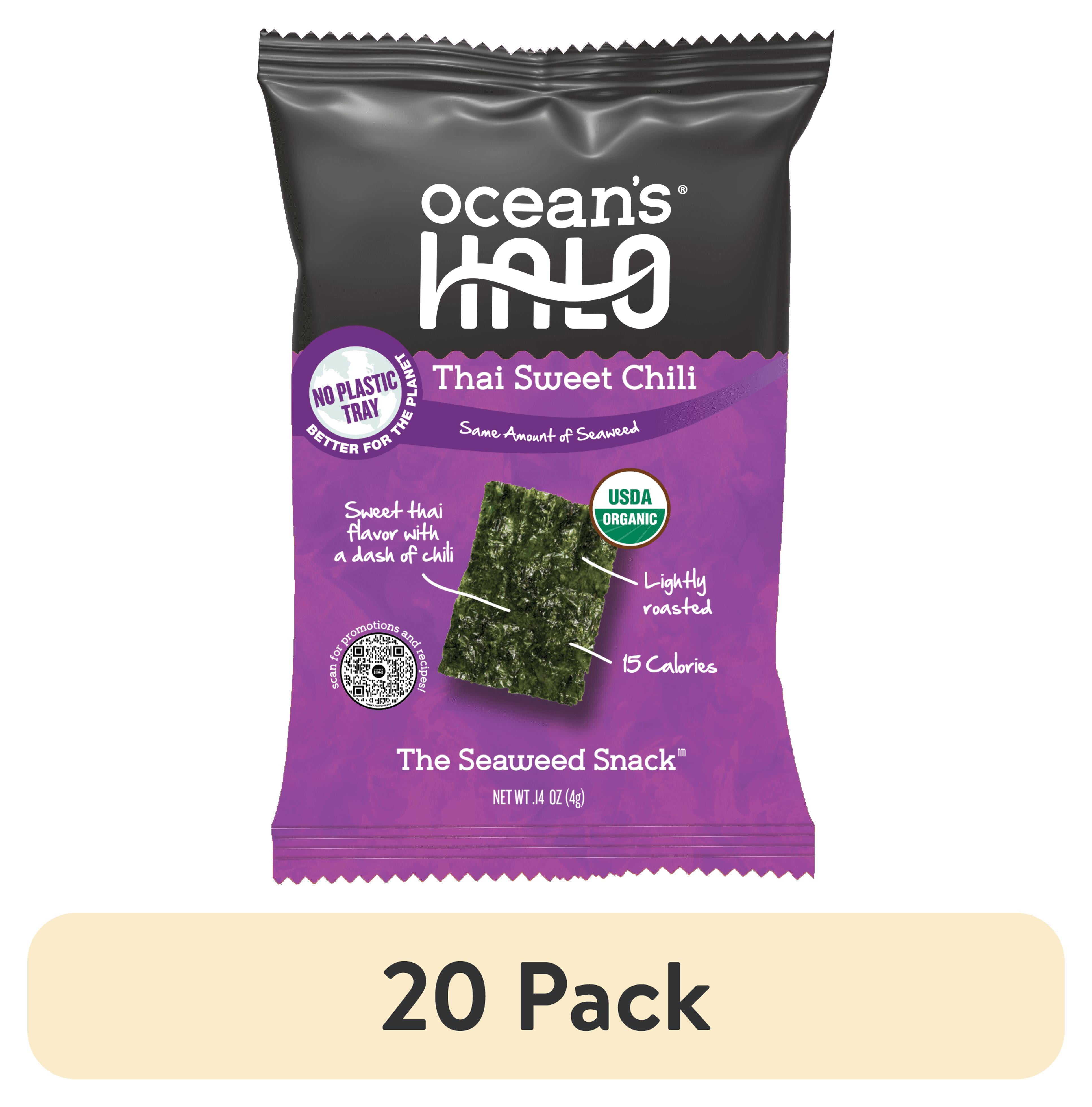 (20 pack) Ocean's Halo, Organic Trayless Seaweed Snack, Thai Sweet Chili, Vegan, Shelf-Stable Nori, No Plastic Tray, 0.14 oz
