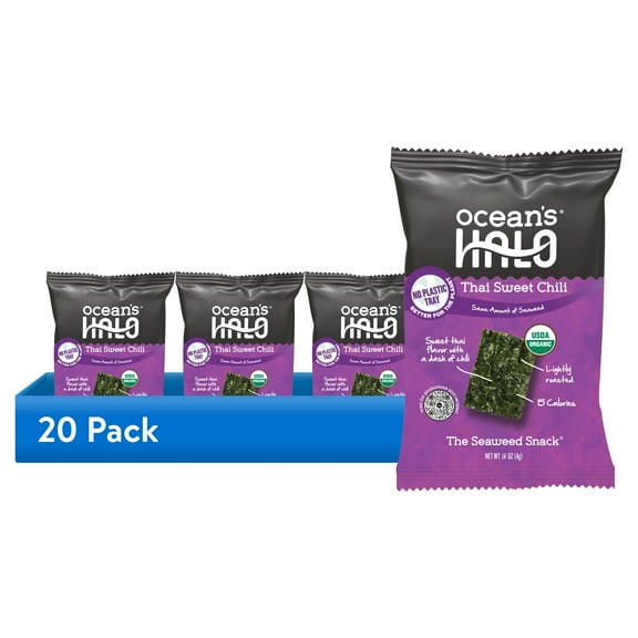 (20 pack) Ocean's Halo, Organic Trayless Seaweed Snack, Thai Sweet Chili, Vegan, Shelf-Stable Nori, No Plastic Tray, 0.14 oz