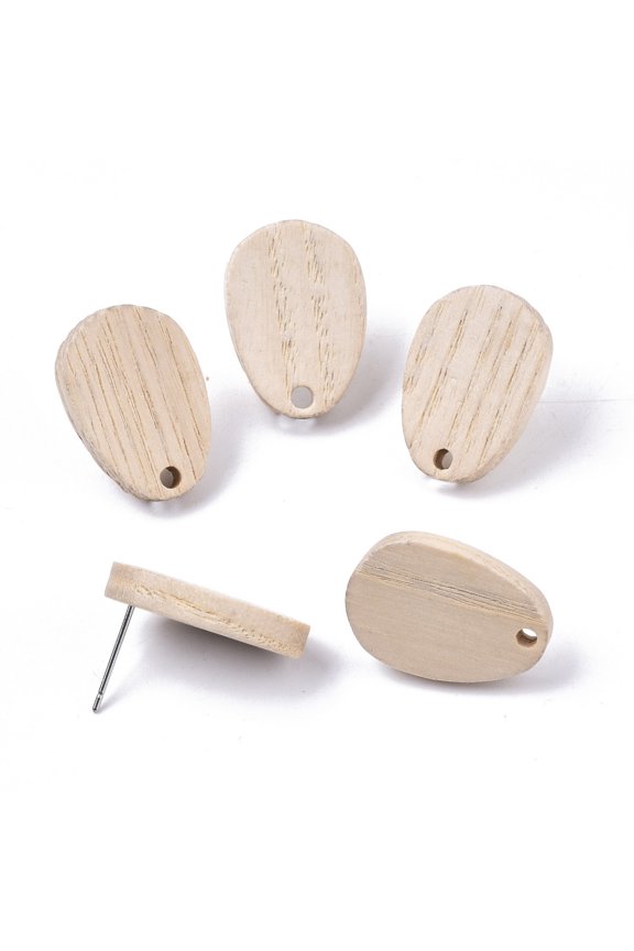 20 pair Cedarwood Stud Earring Findings with 304 Stainless Steel Pin Teardop PapayaWhip 20x14mm Hole: 2mm Pin: 0.7mm