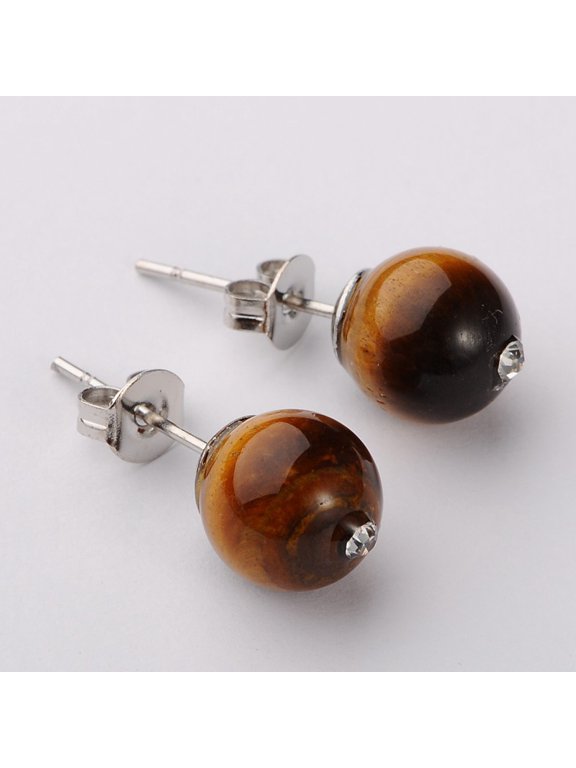 20 pair Gemstone Round Bead Ball Stud Earrings with Glass Rhinestone and Platinum Plated Brass Post Earrings Components Tiger Eye 8mm Pin: 0.6mm