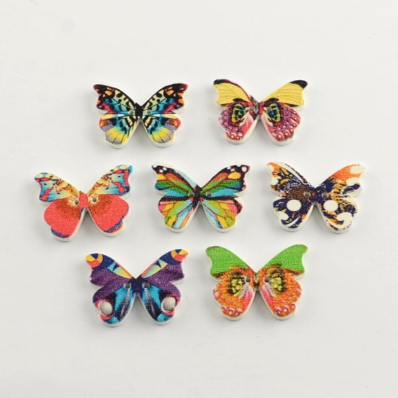 20 pc 2-Hole Printed Wooden Buttons Butterfly Mixed Color 21x28x3mm Hole: 1.5mm