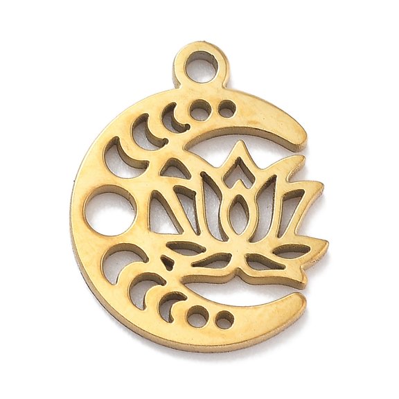 20 pc 304 Stainless Steel Pendants Laser Cut Moon Phase Charm Real 18K golden Plated Lotus 13x10.5x1mm Hole: 1.2mm