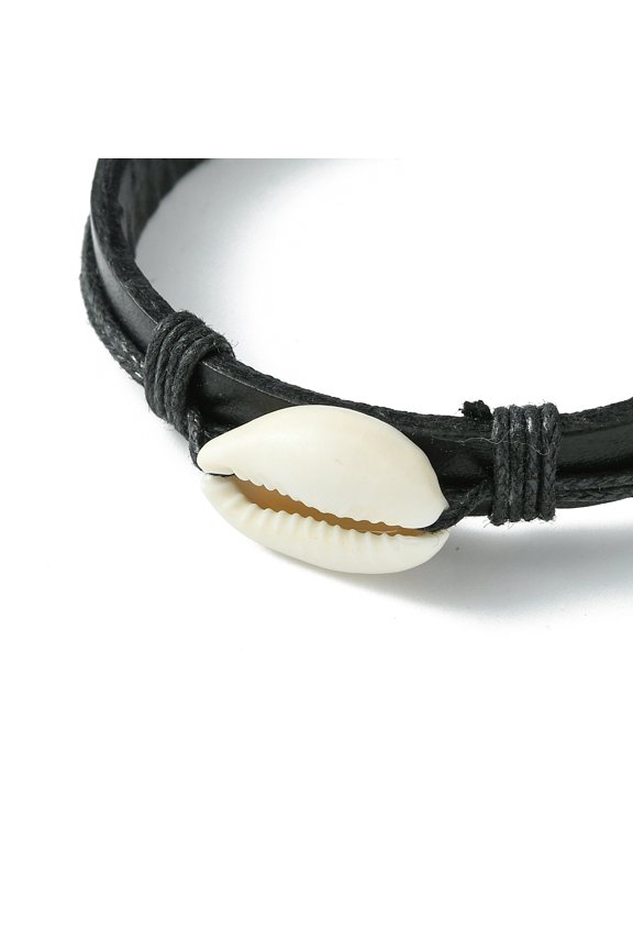 20 pc Adjustable Cowhide Leather Cord Bracelets with Cowrie Shell Beads and Nylon Thread Cord Burlap Paking Pouches Drawstring Bags Black 2-1/8 inch~3-3/8 inch(5.3~8.5cm) 10.5mm