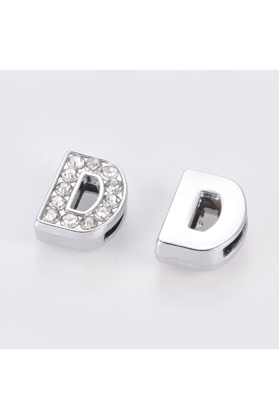 20 pc Alloy Initial Slide Charms with Grade A Rhinestones for Personalized Name Necklaces Making Lead Free Nickel Free Platinum Letter.D 12.5x9.5x4.5mm Hole: 8x2mm
