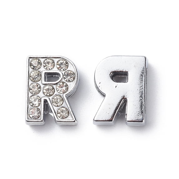 20 pc Alloy Initial Slide Charms with Grade A Rhinestones for Personalized Name Necklaces Making Lead Free & Nickel Free Platinum Letter.R 12~13x8~13x4~5mm Hole: 8x2mm