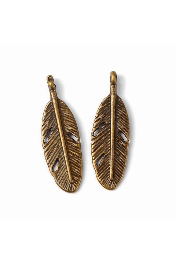 20 pc Antique Bronze Plated Feather Shape Zinc Alloy Charms Pendants Fit Jewelry Necklace Findings DIY Lead Free & Cadmium Free & Nickel Free 9mm wide 30mm high 2mm thick hole: 2mm