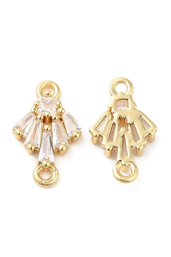 20 pc Brass Connector Charms with Clear Glass Fan Links Real 18K Gold Plated 14x8.5x2.5mm Hole: 1.2mm