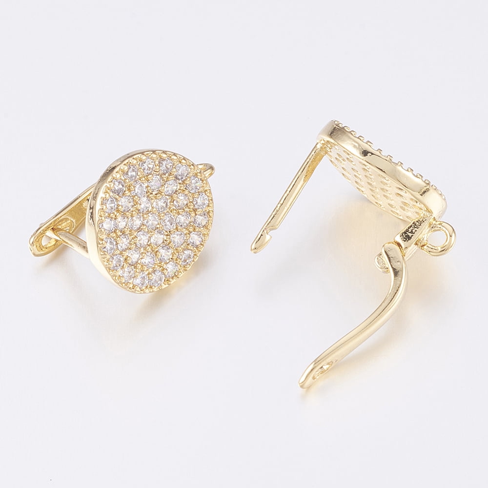 20 pc Brass Micro Pave Cubic Zirconia Hoop Earring Findings with Latch Back Flat Round Clear Golden 16x12x13mm Hole: 1.2mm Pin: 1.2mm