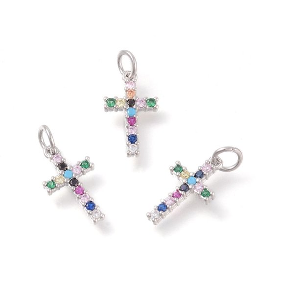 20 pc Brass Micro Pave Cubic Zirconia Pendants Cross Colorful Platinum 16x9x2mm Hole: 3mm