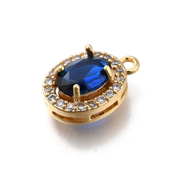 20 pc Brass Micro Pave Cubic Zirconia Pendants Oval Charms Real 18K golden Plated Dark Blue 13x8.5x5mm Hole: 1.2mm