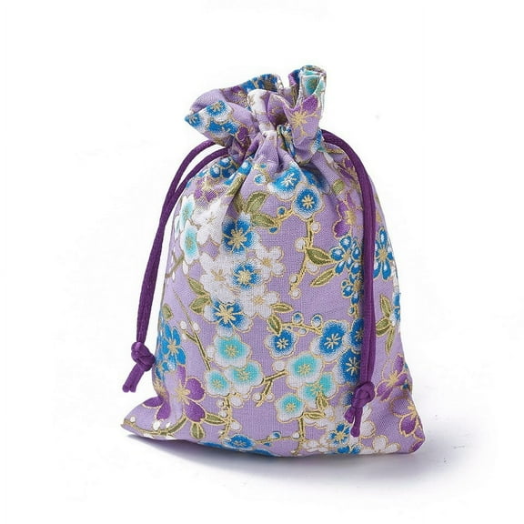 20 pc Burlap Packing Pouches Drawstring Bags Rectangle with Flower Pattern Purple 14.2~14.7x10~10.3cm