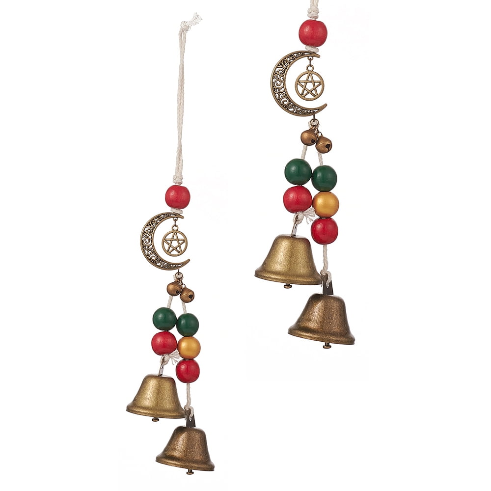 20 pc Christmas Theme Schima Wood Beaded Pendant Decorations Iron Bell Wind Chimes with Alloy Moon & Star Colorful 290mm