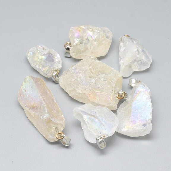 20 pc Electroplate Rough Raw Natural Quartz Crystal Pendants with Iron Bails Nuggets Platinum Clear 25~48x17~28x10~24mm Hole: 6x3mm