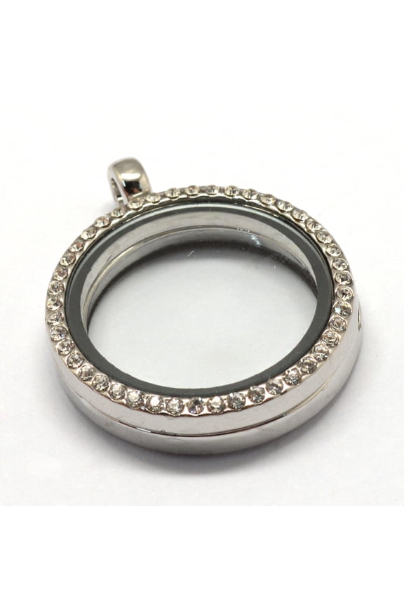 20 pc Flat Round Alloy Glass Magnetic Locket Pendants Photo Frame Living Memory Floating Charms with Rhinestones Platinum 36.2x29.5x7mm Hole: 3.5mm Inner Measure: 22.2mm