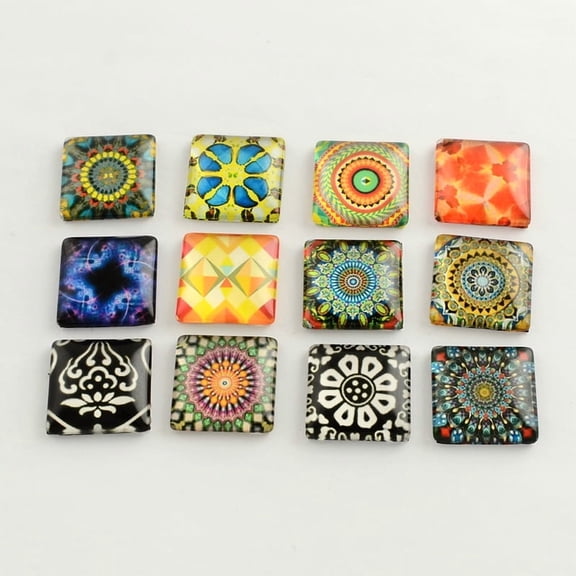 20 pc Floral Pattern Glass Flatback Square Cabochons for DIY Projects Mixed Color 15x15x5mm