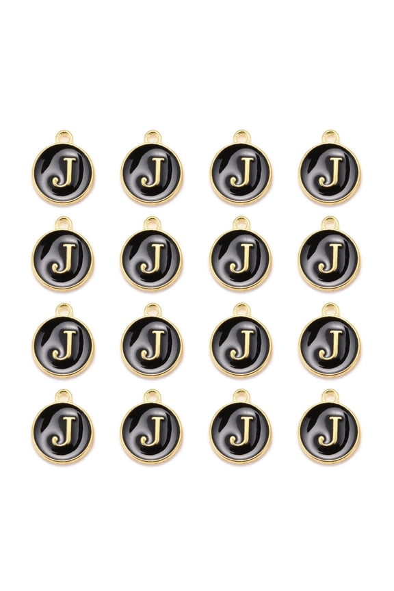 20 pc Golden Plated Alloy Charms Cadmium Free Lead Free with Enamel Enamelled Sequins Flat Round with Letter Black Letter.J 14x12x2mm Hole: 1.5mm