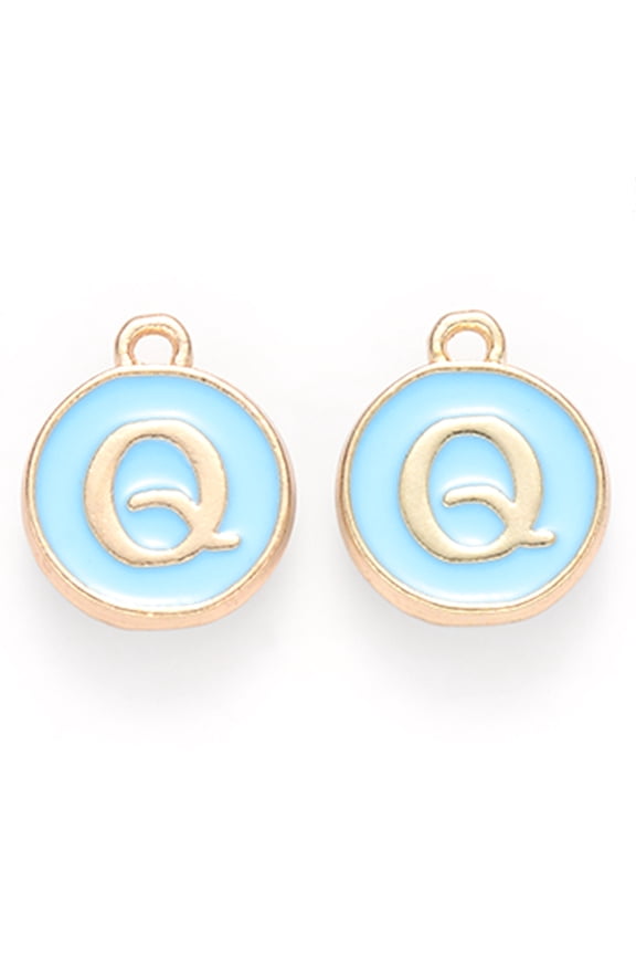 20 pc Golden Plated Alloy Enamel Charms Cadmium Free & Lead Free Enamelled Sequins Flat Round Sky Blue Letter.Q 14x12x2mm Hole: 1.5mm