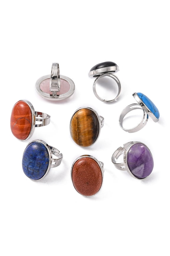 20 pc Great Valentines Gifts Natural & Synthetic Mixed Stone Rings with Platinum Brass Findings Oval Adjustable Mixed Color 18mm