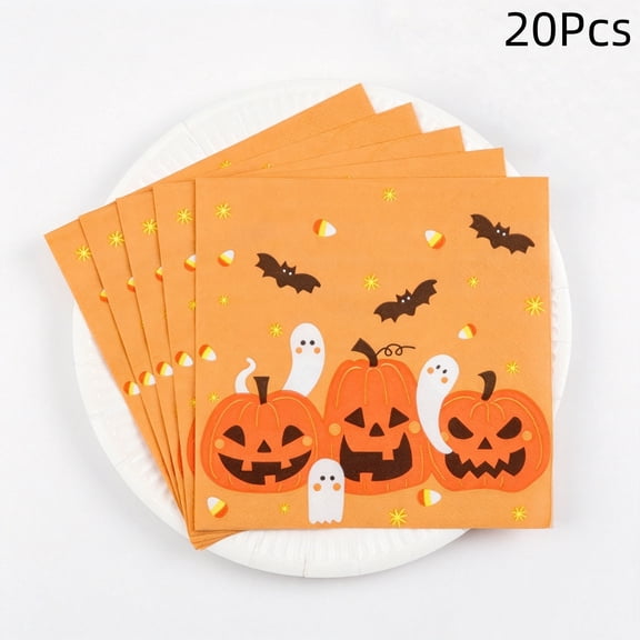 20 pc Halloween Printed Disposable Paper Napkins, Cute Pumpkin Ghost Bat Pattern Decorative Tissue Napkins For Indoor Outdoor Holiday Party Tabletop Decor Supplies