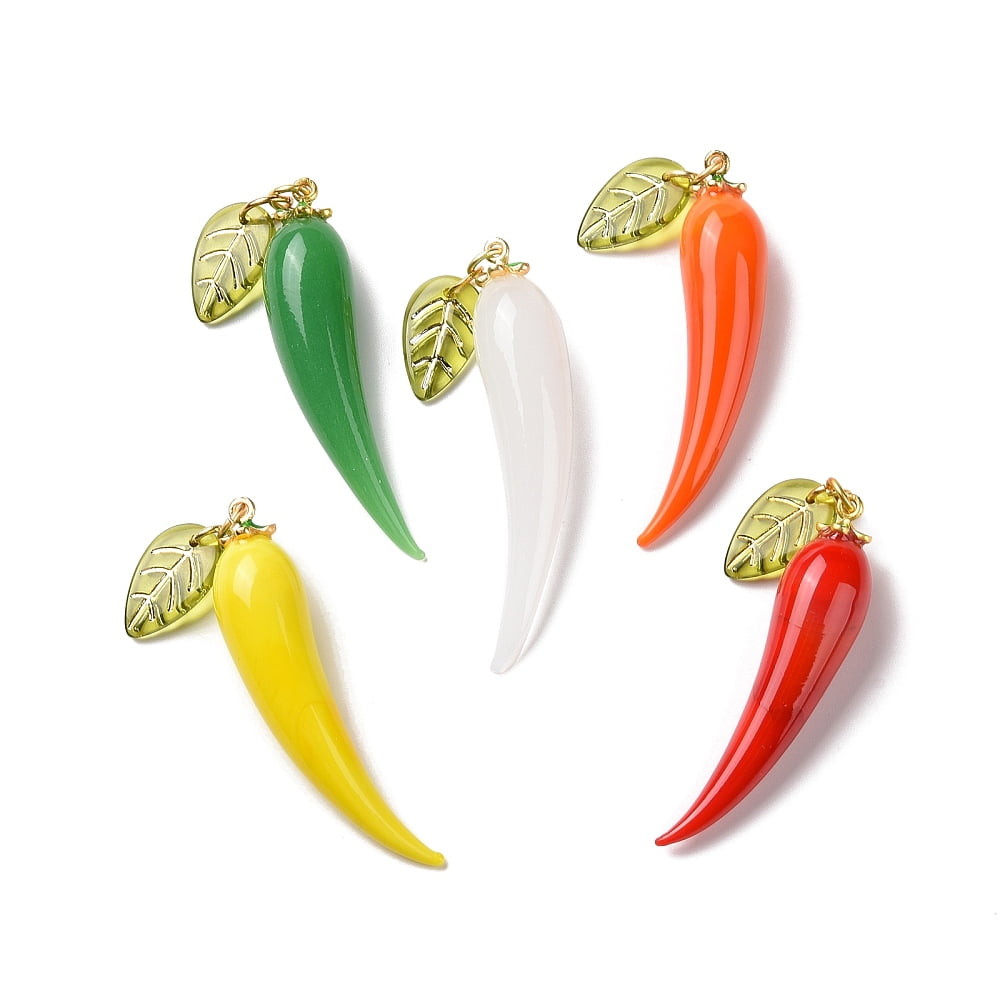 20 pc Handmade Lampwork Big Pendants with Brass Finding and Acrylic Finding Chili & Leaf Mixed Color 58.5x12mm Jump Ring: 6x1mm