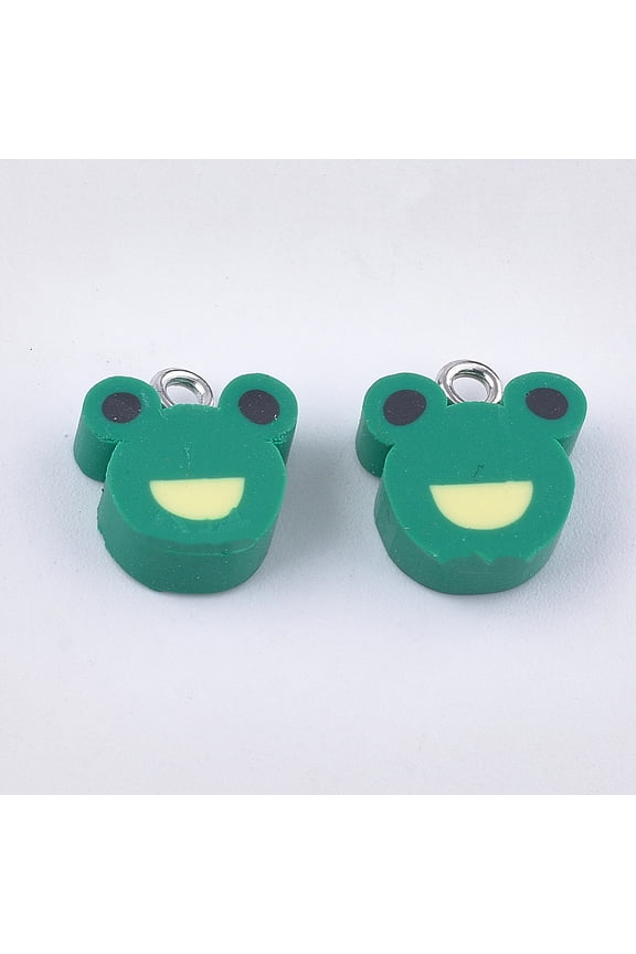 20 pc Handmade Polymer Clay Charms with Iron Findings Frog Platinum Green 11~14x8~12x4~5mm Hole: 1.8mm Polymer Clay