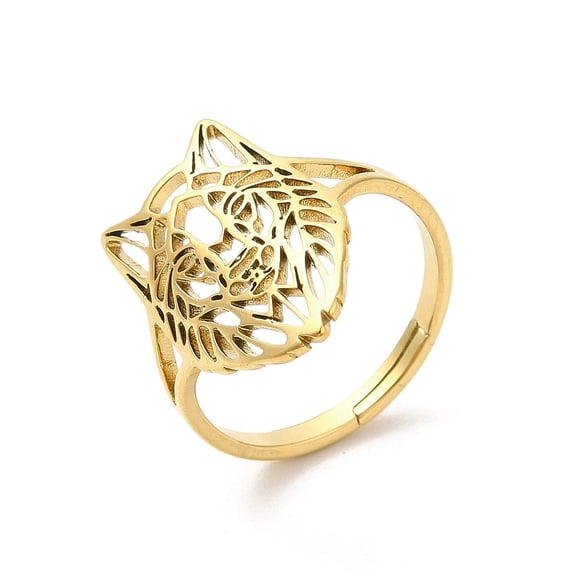 20 pc Ion Plating(IP) 304 Stainless Steel Finger Rings Hollow Wolf Head Adjustable Ring for Women Real 18K golden Plated Inner Diameter: 16.5mm