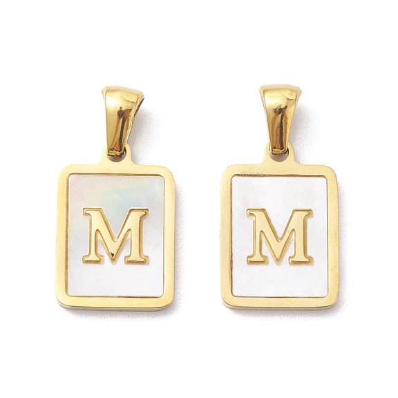 20 pc Ion Plating(IP) 304 Stainless Steel Pave Shell Pendants Rectangle Charm Real 18K Gold Plated Letter M 17.5x12x1.5mm Hole: 3x5mm