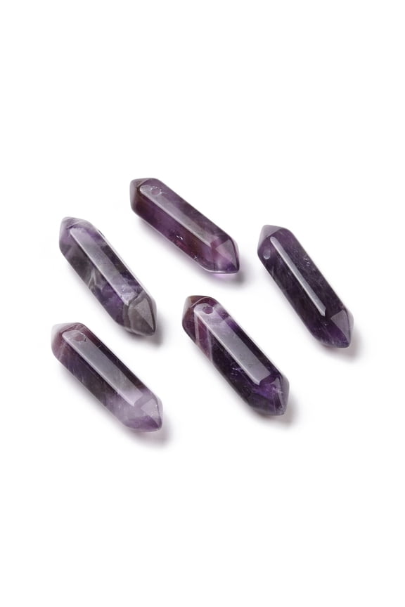 20 pc Natural Amethyst Double Terminal Pointed Pendants Faceted Bullet Charm 30~35x8~9x8~9mm Hole: 1.4mm