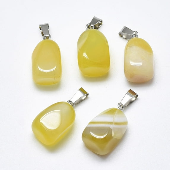 20 pc Natural Banded Agate/Striped Agate Pendants Dyed with Stainless Steel Snap On Bails Cuboid Stainless Steel color Champagne Yellow 20~23x9~13x9~13mm Hole: 3~4x7~8.5mm