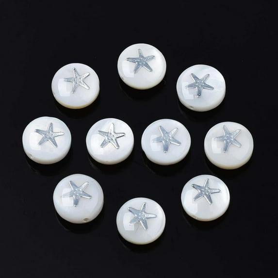 20 pc Natural Freshwater Shell Beads with Brass Metal Embellishments Flat Round with Star Platinum 8x4~5mm Hole: 0.6mm