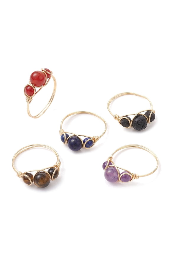 20 pc Natural Mixed Gemstone Finger Rings Light Gold Copper Wire Wrapped Ring Inner Diameter: 18~19mm