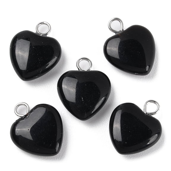 20 pc Natural Obsidian Pendants Heart Charms with Platinum Plated Brass Loops 14.8~15x12x4.1~4.6mm Hole: 2mm