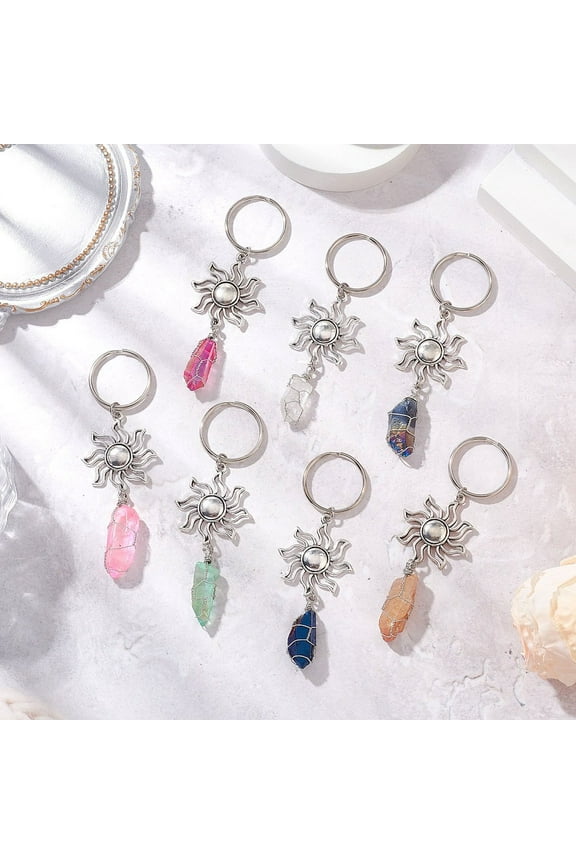 20 pc Natural Quartz & Alloy Keychain with Iron Rings Sun Mixed color 87.5~94.5mm