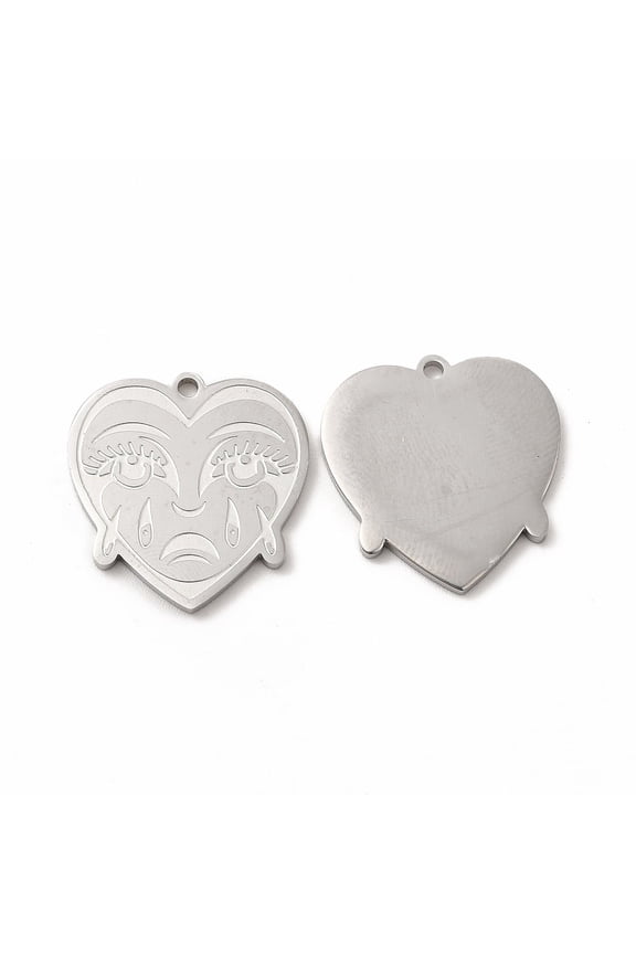 20 pc Non-Tarnish 304 Stainless Steel Pendants Crying Face Heart Charms Stainless Steel color 20x19x1.4mm Hole: 1.5mm