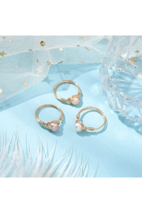 20 pc Nuggets Natural Cultured Freshwater Pearl Finger Rings Copper Wire Wrapped Ring for Women Seashell color 7~8.5mm Inner Diameter: 18mm