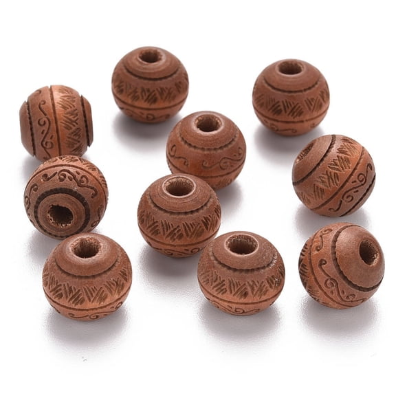 20 pc Painted Natural Wood Beads Laser Engraved Pattern Round with Leave Pattern Peru 10x9mm Hole: 2.5mm