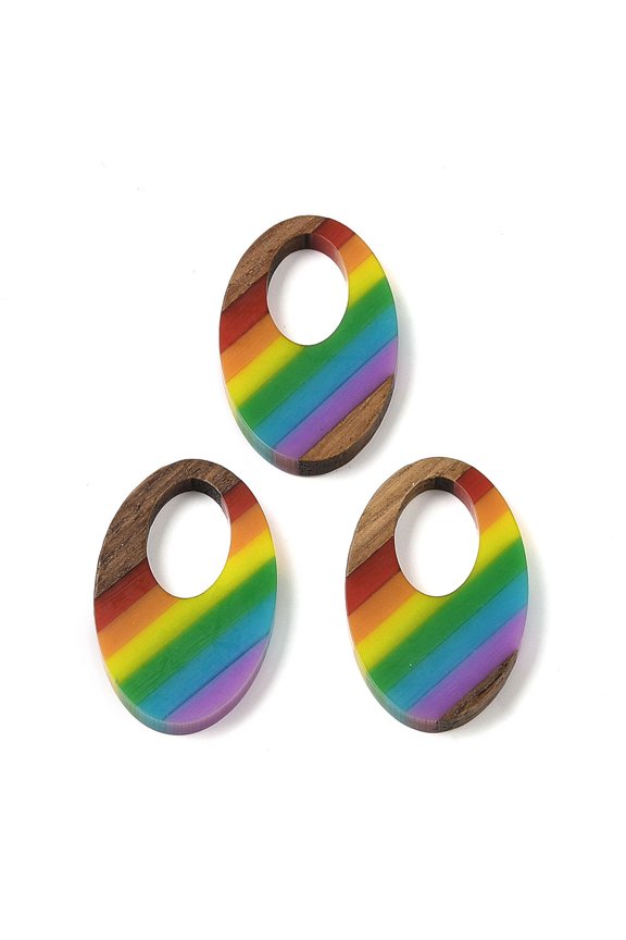 20 pc Pride Rainbow Theme Resin Walnut Wood Pendants Oval Colorful 35.5x21.5x3.5mm Hole: 17x10mm