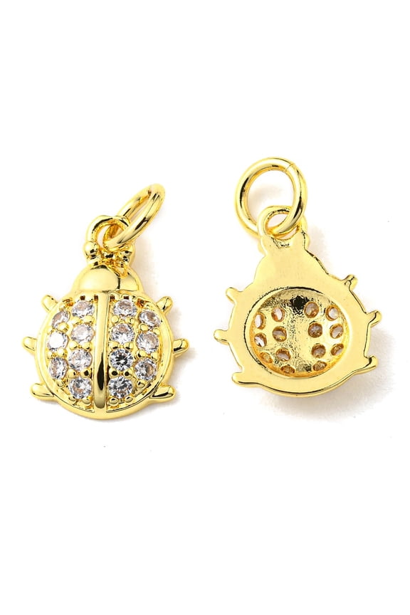 20 pc Rack Plating Brass Micro Pave Cubic Zirconia Charms with Jump Ring Ladybugs Real 18K golden Plated 12.5x10x2.4mm Hole: 3.2mm