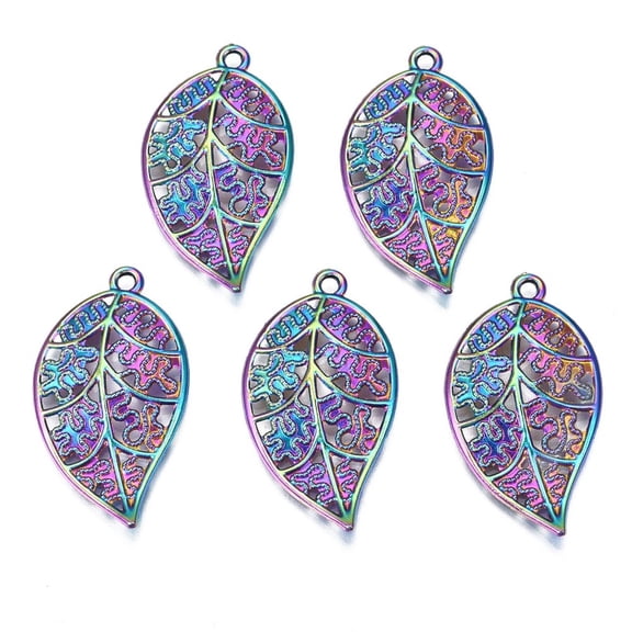 20 pc Rainbow color Alloy Pendants Cadmium Free Nickel Free Lead Free Leaf 36x19.5x3mm Hole: 1.8mm