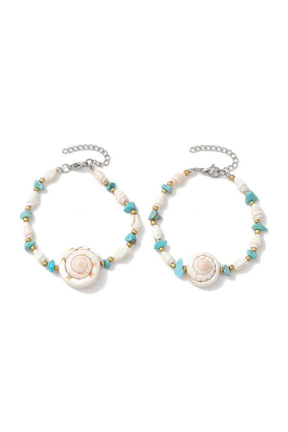 20 pc Summer Beach Natural Shiva Eye Shell Link Bracelets Turquoise Chip & Natural Trumpet Shell Beads Bracelets for Women 7-1/4~7-3/8 inch(18.4~18.7cm)