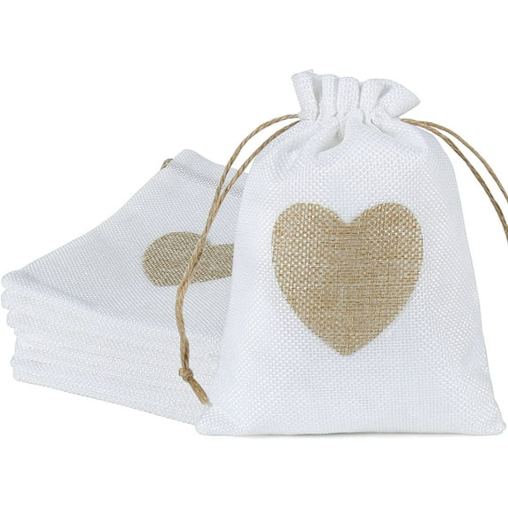 20 pcs Burlap Bags, 5x7 inch Drawstring Gift Bags with Heart Hessian Jewelry Candy Pouches for Wedding, Christmas Party, DIY Craft(Beige)